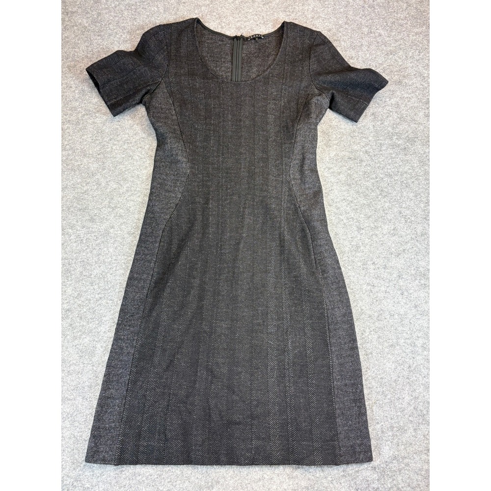 Theory Sheath Dress Womens 10 Black Herringbone Wool Blend Minimalist Dress Cute